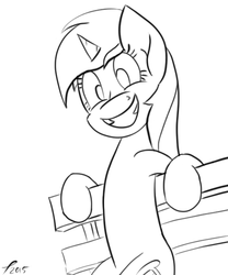 Size: 500x600 | Tagged: safe, artist:platenjack, lyra heartstrings, pony, unicorn, g4, bench, black and white, female, grayscale, grin, happy, looking at you, meme, monochrome, simple background, sitting, sitting lyra, smiling, solo, white background