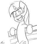 Size: 500x600 | Tagged: safe, artist:platenjack, lyra heartstrings, pony, unicorn, bench, black and white, female, grayscale, grin, happy, looking at you, meme, monochrome, simple background, sitting, sitting lyra, smiling, solo, white background