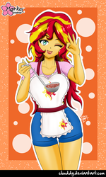Size: 600x1000 | Tagged: safe, artist:clouddg, sunset shimmer, equestria girls, g4, clothes, female, ladle, one eye closed, shorts, solo, soup, wink