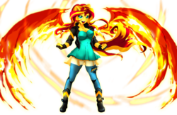 Size: 1024x663 | Tagged: safe, artist:animeclaro, sunset shimmer, equestria girls, g4, breasts, busty sunset shimmer, cleavage, clothes, female, fiery wings, open mouth, ponied up, simple background, solo, sunset phoenix, transparent background
