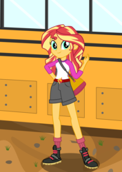 Size: 744x1052 | Tagged: safe, artist:h-ranadal, sunset shimmer, equestria girls, g4, my little pony equestria girls: legend of everfree, boots, bus, clothes, cute, duffle bag, female, shimmerbetes, smiling, socks, solo, waving
