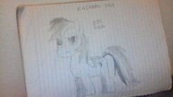Size: 640x360 | Tagged: safe, artist:equestriangamer2, rainbow dash, pony, g4, black and white, cutie mark, female, grayscale, lined paper, monochrome, name, notebook, signature, solo, traditional art, wall