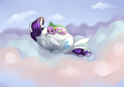 Size: 1753x1240 | Tagged: dead source, safe, artist:potates-chan, rarity, spike, dragon, pony, unicorn, g4, adorafatty, belly, belly bed, big belly, chubby cheeks, cloud, cute, duo, eyes closed, fat, female, kissing, male, mare, on back, raribetes, raritubby, ship:sparity, shipping, sleeping, sleeping on a belly, straight