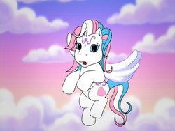 Size: 720x540 | Tagged: safe, screencap, star catcher, pegasus, pony, friends are never far away, g3, cloud, female, flying, i can explain, looking at you, out of context, solo, surprised