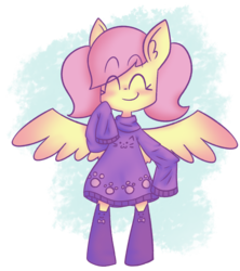 Size: 1352x1521 | Tagged: safe, artist:typhwosion, fluttershy, pegasus, pony, semi-anthro, g4, :3, alternate hairstyle, bipedal, blushing, clothes, cute, digital art, dress, ear fluff, eyes closed, female, long sleeves, mare, oversized clothes, paw prints, pigtails, pink hair, pink mane, pink tail, purple socks, purple sweater, simple background, smiling, socks, solo, spread wings, standing, stockings, sweater, sweater dress, sweatershy, thigh highs, transparent background, turtleneck, wings, yellow coat