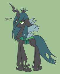 Size: 1522x1852 | Tagged: safe, artist:typhwosion, queen chrysalis, changeling, changeling queen, g4, crown, female, green background, jewelry, regalia, simple background, solo