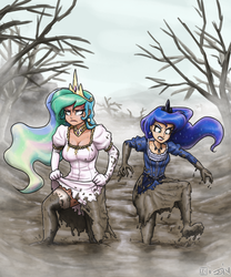 Size: 1800x2160 | Tagged: safe, artist:johnjoseco, artist:king-kakapo, color edit, edit, princess celestia, princess luna, human, g4, barefoot, celestia is not amused, clothes, colored, covered in mud, dirt, dirty, dirty feet, dress, feet, fog, frown, humanized, lipstick, messy, mud, redraw, socks, stockings, thigh highs, tree, unamused, wet and messy