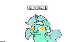Size: 888x499 | Tagged: safe, artist:witchtaunter, lyra heartstrings, pony, g4, bouncing, cute, derp, female, image macro, meme, missing cutie mark, no pupils, silly, silly pony, simple background, smiling, solo, this is fine, white background