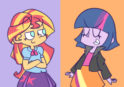 Size: 1176x830 | Tagged: safe, artist:typhwosion, sunset shimmer, twilight sparkle, equestria girls, g4, clothes swap