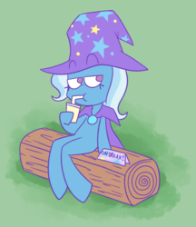 Size: 1280x1484 | Tagged: safe, artist:typhwosion, trixie, unicorn, semi-anthro, g4, drinking, female, log, mare, no pupils, sitting, solo, trixie's cape, trixie's hat