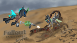 Size: 1920x1080 | Tagged: safe, artist:coffeerings, oc, oc only, oc:emjay, oc:hero, bat pony, changeling, pony, fallout equestria, fight, hivemind, radscorpion