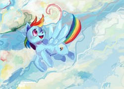 Size: 1280x920 | Tagged: safe, artist:cleo-catra, rainbow dash, pony, g4, cloud, female, flying, solo