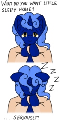 Size: 1280x2560 | Tagged: safe, artist:cybersquirrel, oc, oc only, oc:hazy dream, pony, unicorn, dialogue, hand, holding a pony, looking at you, offscreen character, pov, simple background, sleeping, style emulation, what do you want, white background, zzz