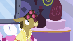Size: 480x270 | Tagged: safe, artist:wissle, edit, edited screencap, screencap, lotus blossom, matilda, steven magnet, earth pony, hybrid, mule, pony, g4, slice of life (episode), animated, boop, female, finger, food, gif, mare, parody, pie, raised eyebrow, scene parody, smirk, solo, sound at source, spa, this will end in tears, youtube link