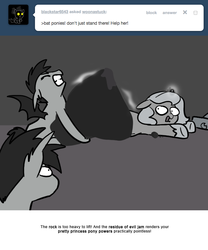 Size: 666x800 | Tagged: safe, artist:egophiliac, princess luna, oc, oc:frolicsome meadowlark, oc:sunshine smiles (egophiliac), bat pony, pony, moonstuck, g4, alliteration, filly, grayscale, magic, monochrome, rock, trapped, woona, woonoggles, younger