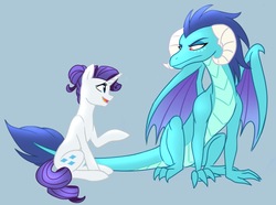 Size: 1163x863 | Tagged: safe, artist:tamersworld, princess ember, rarity, dragon, g4, sitting, story included, talking