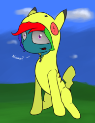 Size: 722x933 | Tagged: safe, artist:mrpancakewolfie, rainbow dash, pony, g4, clothes, costume, crossover, female, grass, kigurumi, pokémon, sitting, solo