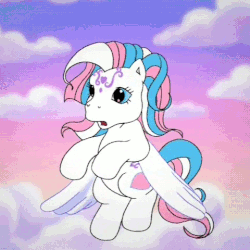 Size: 480x480 | Tagged: safe, screencap, star catcher, pony, friends are never far away, g3, animated, behind you, female, flying, gif, reaction, solo, surprised