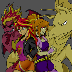 Size: 1000x1000 | Tagged: safe, artist:raika0306, adagio dazzle, sunset shimmer, siren, equestria girls, g4, my little pony equestria girls: rainbow rocks, antagonist, clothes, duo, duo female, fangs, female, gray background, hand on hip, jewelry, looking at each other, pendant, simple background, smiling, sunset satan, true form, villainess