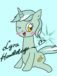 Size: 750x1000 | Tagged: source needed, safe, anonymous artist, lyra heartstrings, pony, g4, blushing, female, one eye closed, simple background, sitting, smiling, solo