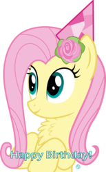 Size: 1800x2927 | Tagged: safe, artist:arifproject, edit, fluttershy, pony, g4, arif's wide eyes pone, birthday, bust, chest fluff, cute, female, flower, happy birthday, hat, looking away, party hat, rose, shyabetes, simple background, solo, transparent background, vector