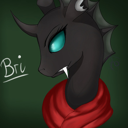 Size: 1000x1000 | Tagged: safe, artist:phobos-ilungian, oc, oc only, changeling, bust, clothes, fangs, female, green, mare, portrait, scarf, solo
