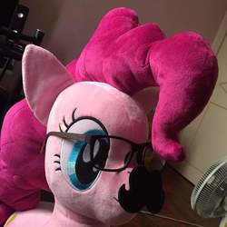 Size: 720x720 | Tagged: artist needed, safe, pinkie pie, earth pony, pony, g4, disguise, facial hair, fake moustache, fan, glasses, irl, moustache, photo, plushie, solo