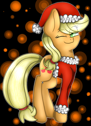 Size: 1024x1407 | Tagged: safe, artist:skashigame, applejack, earth pony, pony, g4, clothes, costume, female, hat, one eye closed, santa costume, santa hat, solo, wink