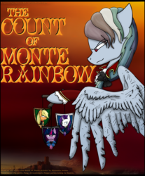 Size: 1282x1546 | Tagged: safe, artist:stuflox, applejack, rainbow dash, twilight sparkle, alicorn, pony, the count of monte rainbow, g4, comic cover, crossover, danglajacks, danglars, mondego, monsparkle, rainbow dantes, rarifort, shield, the count of monte cristo, twilight sparkle (alicorn), villefort