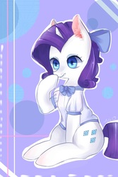 Size: 1181x1771 | Tagged: safe, artist:nitrogenowo, rarity, pony, g4, bow, clothes, ear fluff, female, hair bow, shirt, sitting, solo