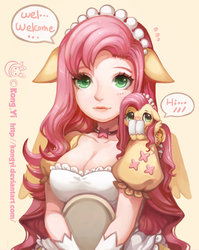Size: 1024x1287 | Tagged: safe, artist:kongyi, fluttershy, human, blushing, breasts, cleavage, clothes, cute, eared humanization, female, floppy ears, human ponidox, humanized, maid, self ponidox, shyabetes, tiny ponies, tray, winged humanization