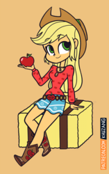 Size: 942x1500 | Tagged: safe, artist:khuzang, applejack, equestria girls, g4, my little pony equestria girls: legend of everfree, apple, boho, boots, camp fashion show outfit, clothes, cowboy hat, cute, female, fruit, hat, jackabetes, shoes, shorts, sitting, smiling, solo, stetson