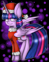 Size: 1024x1284 | Tagged: safe, artist:skashigame, twilight sparkle, alicorn, pony, g4, clothes, costume, female, hat, santa costume, santa hat, solo, twilight sparkle (alicorn)