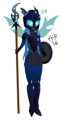 Size: 1763x3485 | Tagged: safe, artist:e-e-r, changeling, equestria girls, g4, armor, changeling guard, digital art, equestria girls-ified, fangs, female, glaive, heart, helmet, shield, simple background, solo, transparent background, vector, weapon