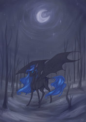Size: 1024x1448 | Tagged: safe, artist:galaxy-thespacewolf, nightmare moon, alicorn, pony, g4, bat wings, crescent moon, curved horn, female, forest, horn, looking at you, mare, moon, night, snow, solo, spread wings, standing, stars, three quarter view, wings