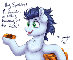 Size: 1109x914 | Tagged: safe, artist:confetticakez, soarin', pony, g4, adorkable, chest fluff, cute, dialogue, dork, implied spitfire, male, mcdonald's, pie, soarinbetes, solo, that pony sure does love pies, this will end in weight gain