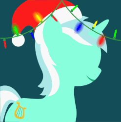 Size: 795x800 | Tagged: safe, artist:arifproject, edit, part of a set, lyra heartstrings, pony, unicorn, g4, animated, arif's christmas pones, beautiful, christmas lights, cute, dark background, derpibooru background pony icon, female, garland, gif, green background, happy, hat, horn, lights, lineless, lyrabetes, mare, minimalist, santa hat, simple background, smiling, solo