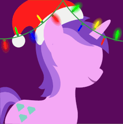 Size: 795x800 | Tagged: safe, artist:arifproject, edit, part of a set, amethyst star, sparkler, pony, unicorn, g4, animated, arif's christmas pones, awwmethyst star, beautiful, christmas lights, cute, dark background, derpibooru background pony icon, female, garland, gif, happy, hat, horn, lights, lineless, mare, minimalist, purple background, santa hat, simple background, smiling, solo