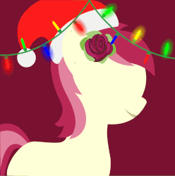 Size: 795x800 | Tagged: safe, artist:arifproject, edit, part of a set, roseluck, earth pony, pony, g4, animated, arif's christmas pones, beautiful, christmas lights, cute, dark background, derpibooru background pony icon, female, garland, gif, happy, hat, lights, lineless, mare, minimalist, red background, rosabetes, santa hat, simple background, smiling, solo