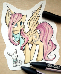 Size: 1024x1253 | Tagged: safe, artist:chimeeri, fluttershy, pegasus, pony, rabbit, g4, clothes, duo, eye clipping through hair, female, looking at you, mare, marker, marker drawing, scarf, spread wings, traditional art, turned head, wings