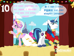 Size: 1024x768 | Tagged: safe, artist:bronybyexception, princess cadance, shining armor, pony, g4, advent calendar, angry, christmas, clothes, dress, fight, funny, hearth's warming eve, misunderstanding, stage, the nutcracker, this will end in divorce, uniform, wedding dress