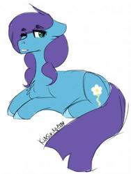 Size: 375x500 | Tagged: safe, oc, oc only, oc:roxy impelheart, pony, chest fluff, floppy ears, looking back, one eye closed, prone, simple background, solo, white background