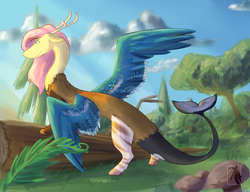 Size: 1280x984 | Tagged: safe, artist:pasu-chan, fluttershy, draconequus, hybrid, g4, alternate universe, draconequified, fangs, female, flutterequus, looking away, mismatched horns, noodle au, solo, species swap, spread wings, tail fin