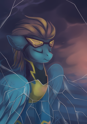 Size: 2480x3507 | Tagged: safe, artist:dragonataxia, lightning dust, pegasus, pony, g4, clothes, costume, cracks, eyes closed, female, goggles, high res, shadowbolts costume, solo, wonderbolts uniform