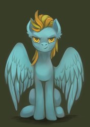 Size: 1448x2048 | Tagged: safe, artist:dragonataxia, lightning dust, pegasus, pony, g4, female, looking at you, simple background, sitting, smiling, smirk, solo, spread wings