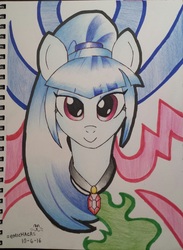 Size: 956x1308 | Tagged: safe, artist:emichaca, sonata dusk, earth pony, pony, g4, 2016, bust, disguise, disguised siren, earth pony sonata dusk, equestria girls ponified, female, gem, jewelry, looking at you, necklace, ponified, portrait, siren gem, smiling, solo, traditional art