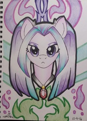 Size: 947x1320 | Tagged: safe, artist:emichaca, aria blaze, earth pony, pony, g4, 2016, abstract background, disguise, disguised siren, earth pony aria blaze, equestria girls ponified, female, frown, gem, jewelry, looking at you, necklace, ponified, siren gem, solo, traditional art