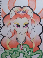 Size: 961x1302 | Tagged: safe, artist:emichaca, adagio dazzle, earth pony, pony, g4, 2016, disguise, disguised siren, earth pony adagio dazzle, equestria girls ponified, female, gem, jewelry, looking at you, necklace, ponified, siren gem, smiling, solo, traditional art