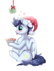 Size: 756x1000 | Tagged: safe, artist:confetticakez, soarin', pony, g4, blushing, hat, heart, male, mistletoe, old cutie mark, pie, pumkinroll is trying to murder us, santa hat, simple background, sitting, solo, that pony sure does love pies, tongue out, unshorn fetlocks