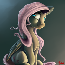 Size: 1200x1200 | Tagged: safe, artist:miokomata, fluttershy, pony, g4, bust, cute little fangs, fangs, female, portrait, sitting, smiling, solo